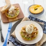 Roast chicken bagels with smashed avocado & poached eggs