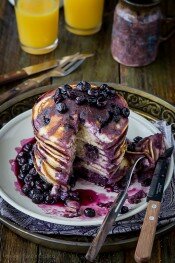 Blueberry buttermilk pancakes with blueberry sauce